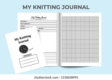 My knitting journal interior. Daily knitting information tracker and sketch maker log book template. Interior of a notebook. Knitting info tracker and occasion design planner interior.