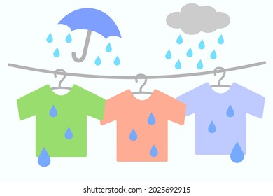 My laundry is wet from the rain. Water droplets and T-shirts. Vector illustration.