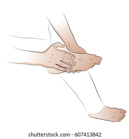 My leg aches. A man holds his feet with his hands. Color vector illustration