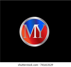 MY Letter logo Design in a circle. Blue Red and silver colored
