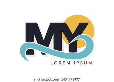 MY letter logo with ocean waves and sunset. Beach concept design
