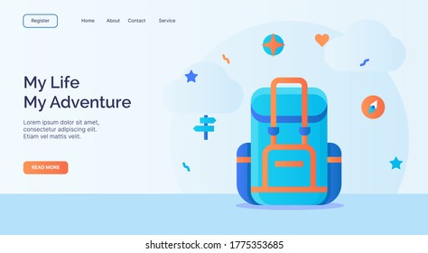 My life my adventure backpack compass icon campaign for web website home homepage landing template banner with cartoon flat style vector design