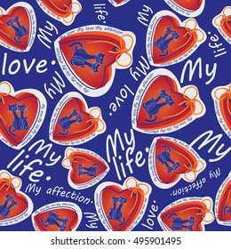 My life, my love. Seamless pattern. Cats in heart on a blue background. Composition for decoration of textile, glass, cell phones, gift bags.