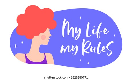 Mein Leben ist meine Regel. Moderner, flacher Charakter. Silhouette Frau sprechen Rede Blase Mein Leben Meine Regeln. Einfache Persönlichkeitsfrau, Person. Frauencharakter, Konzept in flacher Farbgrafik. Vektorgrafik