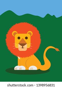 My lion vector illustration front of green land and blue sky background