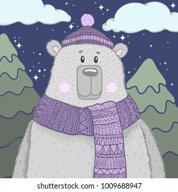 My little bear scarf and cap. Kids graphic. Vector hand drawn illustration. Night