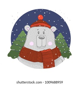 My little bear scarf and cap. Kids graphic. Vector hand drawn illustration. Night