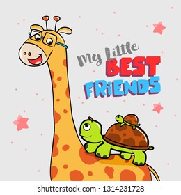 My Little Best Friend. Giraffe And The Turtle Family Illustration - Vector