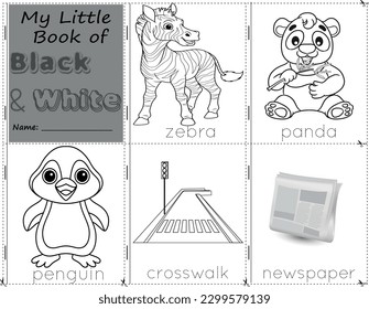 My Little Book of Black and White Color objects black and white to paint them as they are in real life. education activities worksheet for children.zebra, panda, penguin, crosswalk, and newspaper