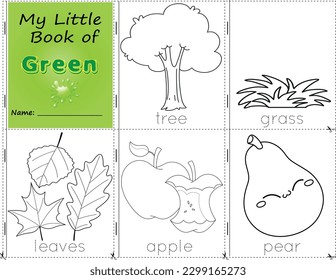 My Little Book of Green Color objects green to paint them as they are in real life. education activities worksheet for children. tree, grass, leaves, apple, and pear