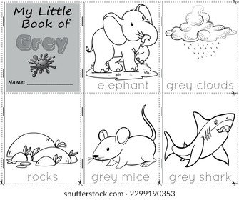 Mi Pequeño Libro de Color Gris se opone al gris para pintarlos como están en la vida real. hoja de trabajo de actividades educativas para niños. elefante, nube gris, roca, ratones, tiburón