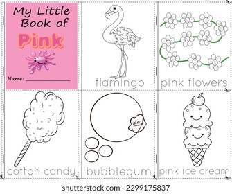 Mi Pequeño Libro de Color Rosa se opone a pintarlos de rosado como están en la vida real. hoja de trabajo de actividades educativas para niños. flamingo, flores rosadas, caramelos de algodón, bubblegum y helado rosa