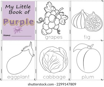 My Little Book of Purple Color objects purple to paint them as they are in real life. Education worksheet for children.  grapes, figs, eggplant, cabbage, and pulm