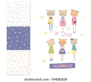 My little fashionista. Cartoon surface design and 3 seamless patterns. Vector illustration can use for print design, fashion kids wear