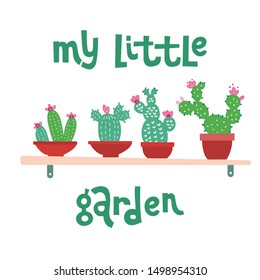 My Little Garden botanical vector illustration. Small potted cactus and succulent on shelf flat images isolated on white background. Tropical plants clipart. Interior botany. House plant in pot.