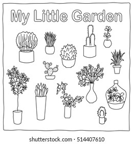 My Little Garden botanical vector illustration. Small cactus and succulent outlined images isolated on white background. Tropical plants clipart for digital design. Interior botany. House plant in pot