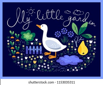 My little garden. Card with goose. Hand-drawn vector Illustration