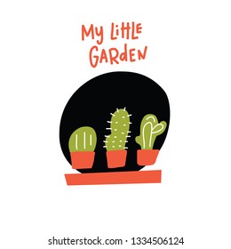 My little garden. Funny doodle illustration of three cactus in the pots, made in vector
