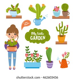 My little garden set. Gardening and everything linked with it. Happy girl with cactus, beautiful tulips, plants and flowers. Cartoon illustration in cute style.