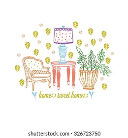 My little home, furniture in the living room, chairs, stools, lamps, furniture, table, seamless pattern. Beautiful background 