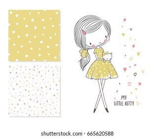 My little kitty. Fashion illustration and 2 seamless patterns. T-shirt graphic for kid's clothing. Use for print, surface design, fashion  wear