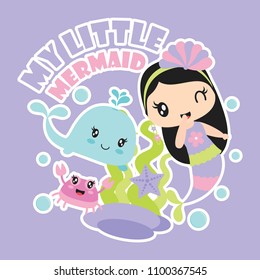My little mermaid with her friends vector cartoon illustration for Kid t-shirt background design, postcard, and wallpaper