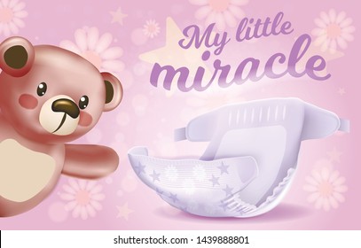 My Little Miracle Horizontal Banner, Absorbent Diaper With Stars Pattern And Cute Teddy Bear Toy On Pink Background With Flowers, 3D Vector Realistic Illustration For Baby Package Design, Advertising