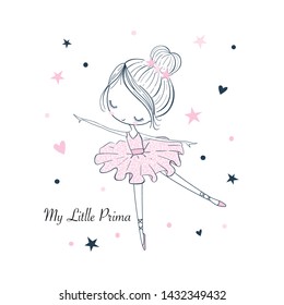 Mi pequeña Prima Ballerina. ßGráfico vector lineal simple aislado en un fondo blanco. Ilustración de moda para ropa infantil. Uso para impresión, diseño de superficie, desgaste de moda, ducha de bebé
