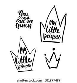 My little princess. Hand drawn with ink crowns set isolated on white. Vector Illustration