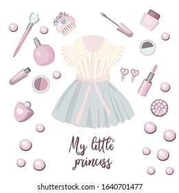 my little princess. Set of stickers for girls. Beautiful baby dress, lipstick, eyeshadow, mascara, hair clips. Children's cosmetics and accessories. Clothes for dolls.