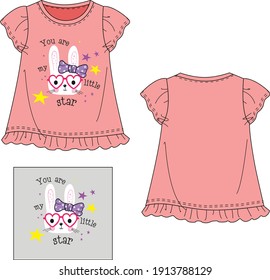 my little star rabbit print girl baby kids toddler tee t-shirt vector sketch technical drawing