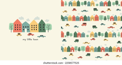 My little town. Seamless pattern with hand drawn town landscape and shirt design for kids. Cartoon hand drawn background with houses, cars, roads and trees