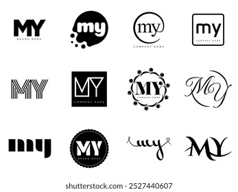 MY logo company template. Letter m and y logotype. Set different classic serif lettering and modern bold text with design elements. Initial font typography. Collection trendy business identity.