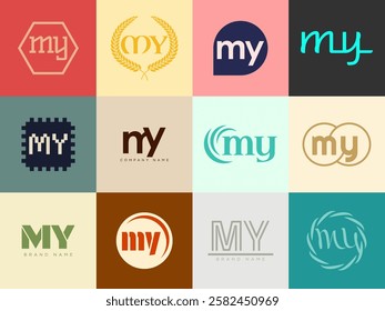 MY logo company template. Letter m and y logotype. Set different classic serif lettering and modern bold text with design elements. Initial font typography. Collection trendy business identity.