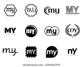 MY logo company template. Letter m and y logotype. Set different classic serif lettering and modern bold text with design elements. Initial font typography. Collection trendy business identity.