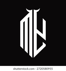 Meu monograma de logotipo com forma de chifre isolado modelo de design preto e branco sobre fundo preto
