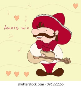 My love (Amore mio). Mexican with sombrero and guitar. Sampl comic vector illustration. Mexican tradition