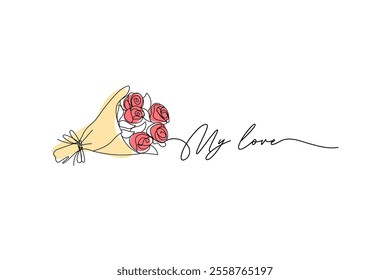 My love, a bouquet of roses. One solid black line . for greeting card design 