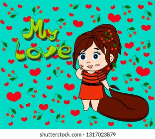 My love. Cute girl likes fruits and hearts. Background.