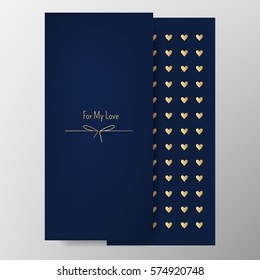 For My Love. Festive template of card/postcard/booklet/invitation/congratulation/flyer. Card decorated with set of golden hearts on the back side. Vector format.