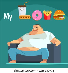 My love food. Obese man think to how to lose weight. Health care concept. illustration vector cartoon flat icons design.