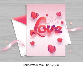 My love greeting card design with stylish lettering and heart shapes on wooden texture background for valentine's day celebration.