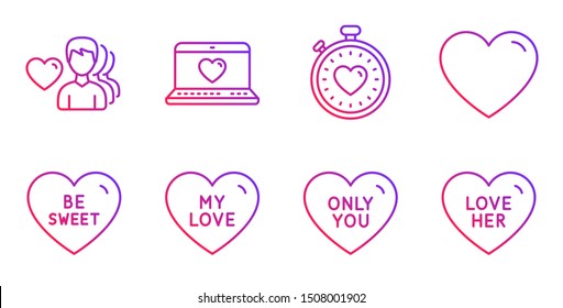 My love, Heartbeat timer and Man love line icons set. Heart, Be sweet and Only you signs. Sweet heart, Romantic people. Love set. Gradient my love icon. Vector