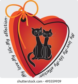 My love. My life.  The cats in hearts on a light background. Composition for decoration of textiles, glassware, covers for phone, gift packages.