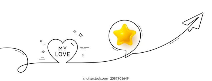 My love line icon. Continuous line with share plane. Sweet heart sign. Valentine day symbol. 3d star in speech bubble. My love single line ribbon. Loop curve pattern. Vector