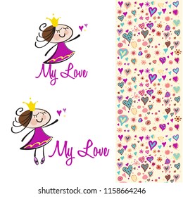 My love logo, illustration of princess and hearts pattern