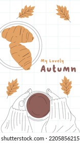 My Lovely Autumn With Woman Grab Tea And Croissant Line Art Wallpaper