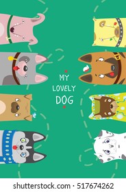 My lovely dog. Different funny dogs on green background