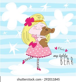 My lovely teddy bear - vector illustration. A cute little girl embraces her lovely teddy bear with love.