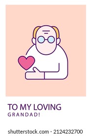 To my loving granddad greeting card with color icon element. To grandfather. Postcard vector design. Decorative flyer with creative illustration. Notecard with congratulatory message on pink